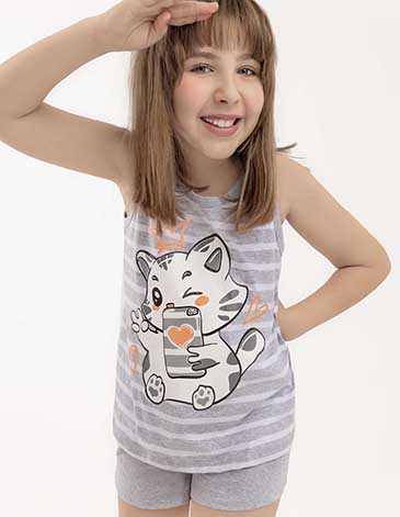 Pijama de jersey rayado con estampa de gato selfie T10/16 - LENCATEX