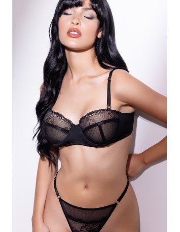 CONJUNTO BALCONETTE CON TANGA DE MICROFIBRA, TUL PLUMETI Y PUNTILLAT85/100 - UAILEE