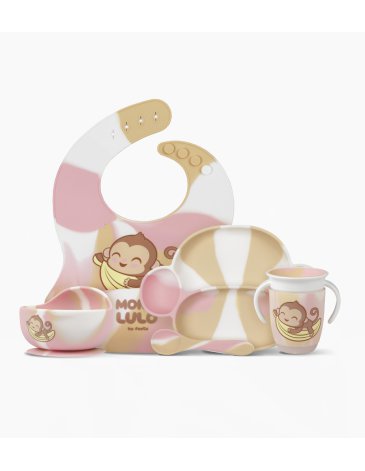 Set x 5 Piezas ( Plato, cuchara, vaso, babero y cuenco) MONO LULO