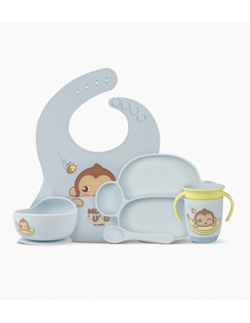 Set x 5 Piezas ( Plato, cuchara, vaso, babero y cuenco ) MONO LULO