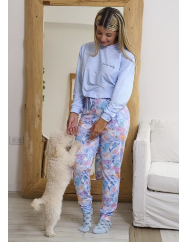 Pijama de jersey estampado manga larga con ajuste en cintura y pantalón con puños TS/XL MARCELA KOURY