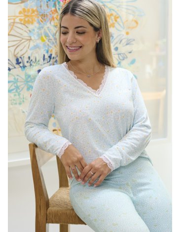 Pijama de jersey estampado con detalles en puntilla manga larga y pantalón TS/XL MARCELA KOURY