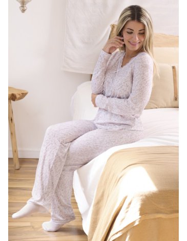Pijama de morley estampado manga larga y pantalón con detalles en puntilla TS/XL LENCATEX