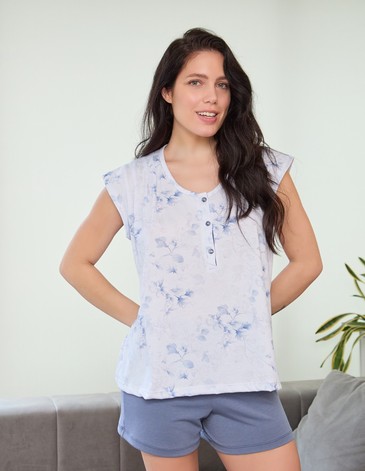 Pijama de señora en modal estampadocon tablitas, short liso y cartera MÓNICA T2/7 BIANCA SECRETA
