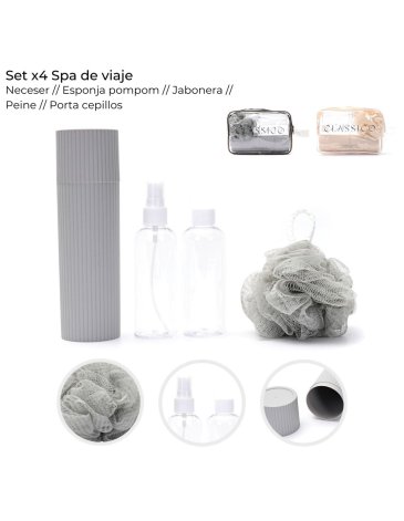 Set x4 spa de viaje con neceser-esponja pompom-jabonera-peine-porta cepillos SKORA