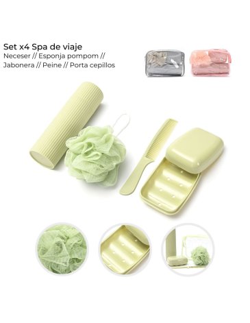 Set x4 spa de viaje con neceser-esponja pompom-jabonera-peine-porta cepillos Modax
