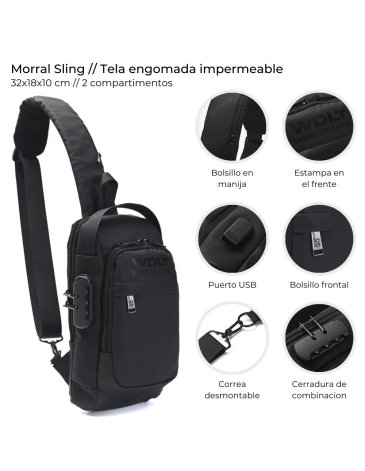 Morral Sling con cerradura y USB tela impermeable Wanderlust
