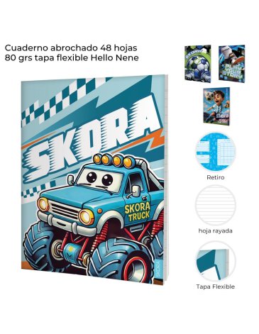 Cuaderno abrochado 48 hojas RAYADAS 80 grs tapa flexible. SKORA