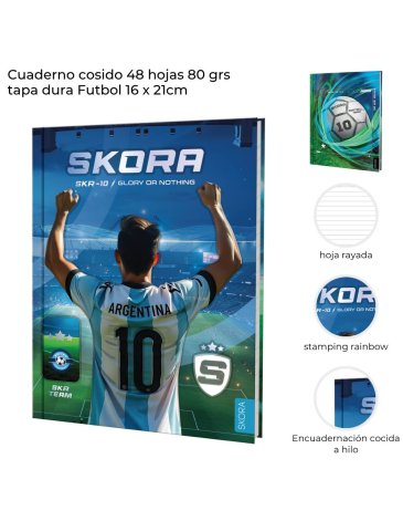 Cuaderno cosido 48 hojas RAYADAS 80 grs tapa dura Futbol SKORA