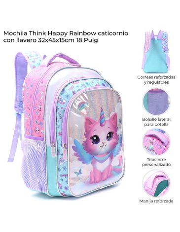 Mochila Think Happy Rainbow Caticornio con Llavero 18