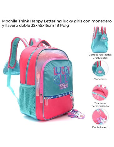 Mochila Think Happy Lettering Lucky Girls con Llavero y mondero 18