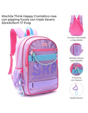Mochila Think Happy Cromatico con pipping Fucsia + Llavero 17