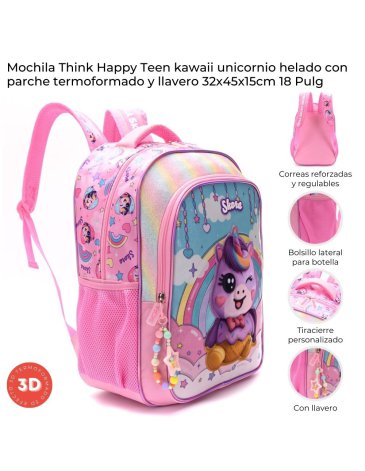 Mochila Think Happy Teen Kawai Unicornio con Llavero 18