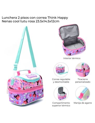 Lunchera 2 pisos con correa Think Happy Nenas Cool tutu rosa SKORA