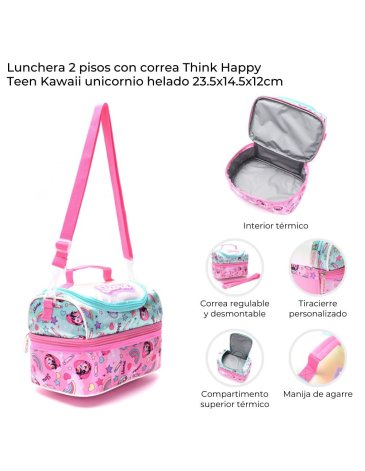 Lunchera 2 pisos con correa Think Happy Teen Kawaii Unicornio SKORA