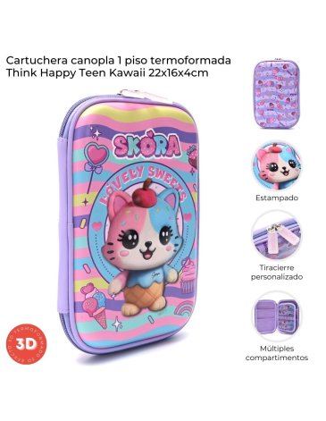 Cartuchera canopla 1 piso termoformada Think Happy Teen Kawaii Gatito SKORA