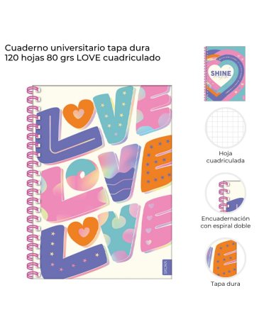 Cuaderno universitario tapa dura 120 hojas A4 Love Cuadriculado Skora