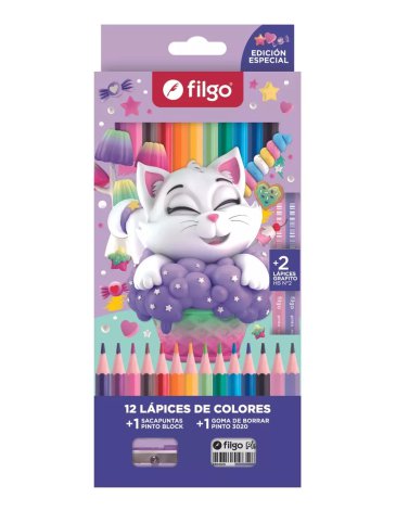 Venta por Mayor y Catalogo Lapices colores de resina Pinto / Estuche x 12 + 2 HB FILGO