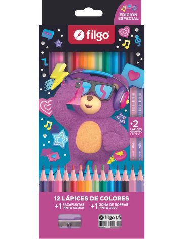 Venta por Mayor y Catalogo Lapices colores de resina Pinto / Estuche x 12 + 2 HB FILGO