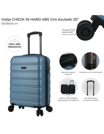 Valija CHECK IN HARD ABS Gris Azulado 20 pulg  4 ruedas dobles manija metalica extensible sin  expansion y cerradura de combinacion 55X35X25 cm x1u    CHECK IN