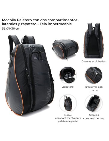 Mochila Paletero Padel con dos compartimentos laterales para raquetas y zapatero. WANDERLUST
