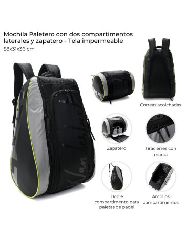 Mochila Paletero Padel con dos compartimentos laterales para raquetas y zapatero.  WANDERLUST